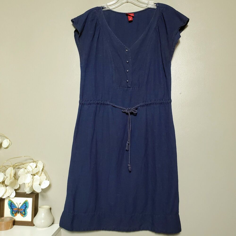 Merona Dress Size 6 Blue Linen Blend Cap Sleeve Woven Knee Length Waist Tie